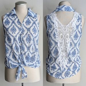 Paisley Lace Sleeveless Tie Waist Blouse